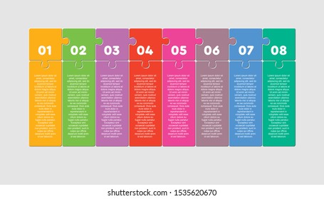 Eight optiones puzzle squares diagram. Squares business presentation infographic. 8 steps, parts, pieces of process diagram. Section compare banner. Jigsaw puzzle info graphic. Marketing strategy.