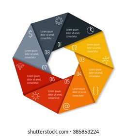 Eight options infographic banner. Isolated polygonal workflow layout. Number banner template for diagram, presentation or chart. 8 parts progress steps for tutorial. Business concept sequence banner.
