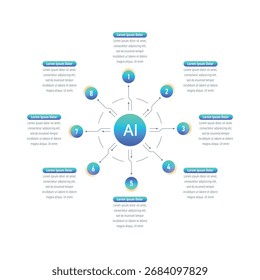 Plantilla de información de ocho opciones. Plantilla de infografía para inteligencia artificial, negocios, educación, mundo de la tecnología. Plantilla de infografía para informe anual, revista, revista