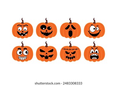 Eight orange pumpkins with spooky Halloween faces perfect for seasonal designs, party invitations, social media posts, and festive decor.