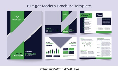 Eight Pages company profile brochure . Brochure creative design. Multipurpose template with cover, back and inside pages. Trendy minimalist flat geometric design. Vertical a4 format.