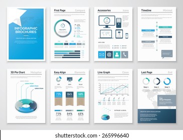Eight Pages Of Infographic Brochures And Flyers For Business Data Visualization. Use For Marketing, Websites, Print, Annual Report And Business Presentations.