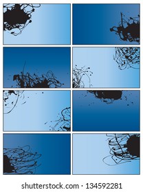 Eight paint splatter cards with blue gradient backgrounds
