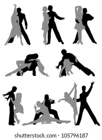 eight pairs of athletic dancers dancing on a white background