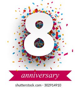Eight paper sign over confetti. Vector holiday anniversary illustration. 
