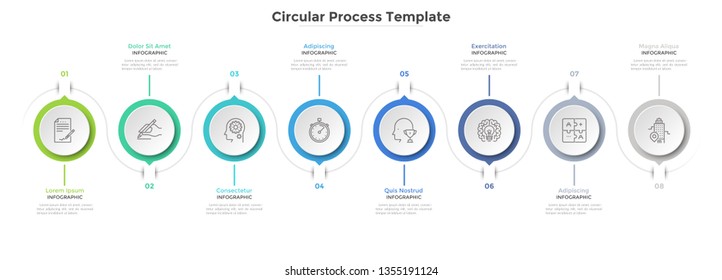 Eight paper white circular elements arranged in horizontal. Concept of 8 steps project progress and development. Clean infographic design template. Stylish vector illustration for progress bar.