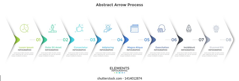 Eight paper white overlapping arrows placed in horizontal row. Concept of 8 successive steps of progressive business development. Simple infographic design template. Abstract vector illustration.