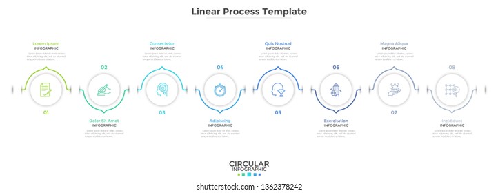 Eight paper white round elements arranged in horizontal timeline. Concept of 8 stages of business development process. Minimal infographic design template. Flat vector illustration for progress chart.