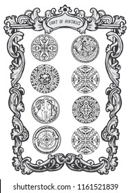 Eight of pentacles. Minor Arcana tarot card. The Magic Gate deck. Fantasy engraved vector illustration with occult mysterious symbols and esoteric concept