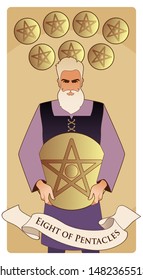 Eight of pentacles. Tarot cards. Craftsman man showing the result of his work, eight freshly chiselled golden pentacles