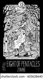 Eight of pentacles. Zombie. Minor Arcana Tarot card. Fantasy line art illustration. Engraved vector drawing. See all collection in my portfolio set