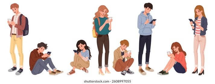 Eight people absorbed, staring at their phones in a modern setting, suitable for illustrating technology addiction or social media obsession.