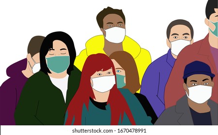 acht Personen unterschiedlichen Aussehens, zusammengetragen, mit Masken auf weißem Hintergrund