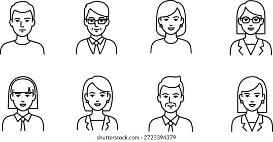 Eight people are presented in a simple design. Each person has a unique hairstyle and outfit. They are shown in a grid format, without any background details.