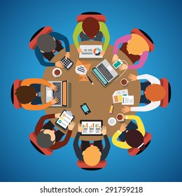 Eight people team sitting and working together at the round table. Teamwork, brainstorming, startup. Flat vector illustration.