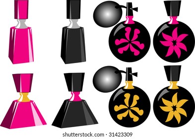 Eight Perfume Bottles of different shapes and sizes.