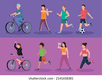 eight persons practicing sports characters