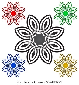 Eight petals flower symbol in Celtic style. Tribal tattoo symbol. Silver stamp for jewelry design and samples of other colors.