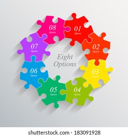 Eight piece flat puzzle infographic presentation. 8 step circle business diagram. Eight section compare service banner. Vector illustration template shape
