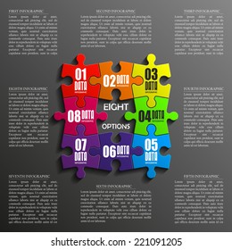 Eight piece flat puzzle round infographic presentation. 8 step circle business diagram. Eight section compare service banner. Vector illustration template shape . 3d Abstract Background