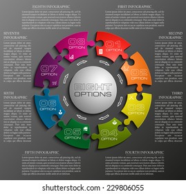 Eight piece flat puzzle round infographic presentation. 8 step circle business diagram. Eight section compare service banner. Vector illustration template shape . 3d Abstract Background