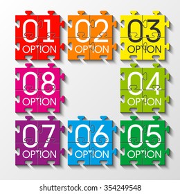 Eight piece flat puzzle round infographic presentation. 8 step circle business diagram. Eight section compare service banner. Vector illustration template shape . 3d Abstract Background
