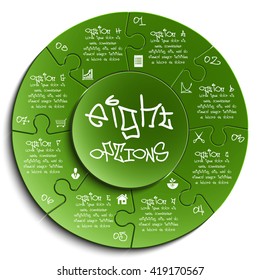 Eight piece flat puzzle round infographic presentation. 8 step circle business diagram. Eight section compare service banner. Vector illustration template shape . 3d Abstract Background