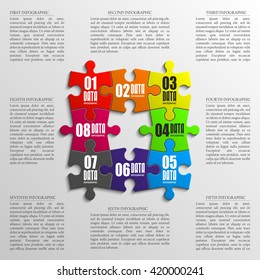 Eight piece flat puzzle round infographic presentation. 8 step circle business diagram. Eight section compare service banner. Vector illustration template shape . 3d Abstract Background