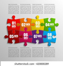 Eight piece flat puzzle round infographic presentation. 8 step circle business diagram. Eight section compare service banner. Vector illustration template shape . 3d Abstract Background