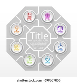 Eight piece flat puzzle round infographic presentation. 8 step circle business diagram. Eight section compare service banner. Vector illustration template shape . 3d Abstract Background