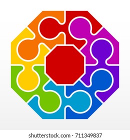 Eight piece flat puzzle round infographic presentation. 8 step circle business diagram. Eight section compare service banner. Vector illustration template shape . 3d Abstract Background