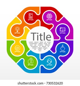 Eight piece flat puzzle round infographic presentation. 8 step circle business diagram. Eight section compare service banner. Vector illustration template shape . 3d Abstract Background