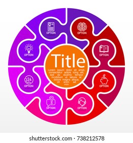Eight piece flat puzzle round infographic presentation. 8 step circle business diagram. Eight section compare service banner. Vector illustration template shape . 3d Abstract Background