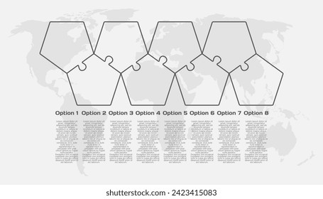 Ocho piezas infográficas de la línea del rompecabezas del pentágono. Negocio, idea, concepto de flujo. Plantilla para 8 opciones, partes, procesos. Gráfico informativo de Jigsaw. Se puede utilizar para procesos, presentaciones, diseño, banner, grafo