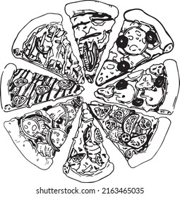 Eight pieces of pizzas with different toppings