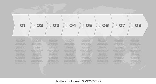 Infografía de la línea de flecha del rompecabezas de ocho piezas. Negocio, idea, concepto de flujo. Plantilla de 8 opciones, piezas, procesos. Jigsaw infografía. Puede ser utilizado para el proceso, la presentación, la disposición, el Anuncio, el gráfico