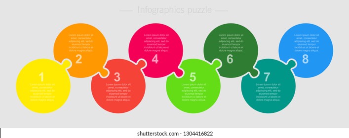 Eight pieces puzzle circles diagram. Circles business presentation infographic. 8 steps, parts, pieces of process diagram. Section compare banner. Jigsaw puzzle info graphic. Marketing strategy.