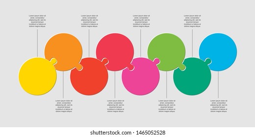 Eight pieces puzzle circles line . Circles business presentation infographic. 8 steps, parts, pieces of process diagram. Section compare banner. Jigsaw puzzle info graphic. Marketing strategy.