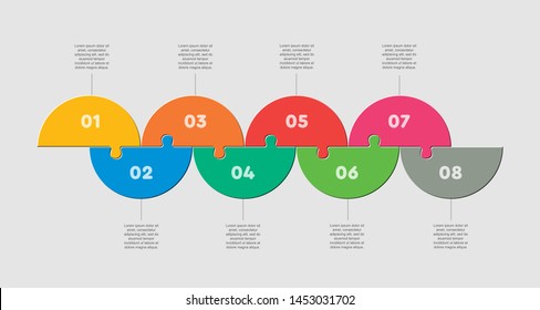 Eight pieces puzzle half circles diagram. Circles business presentation infographic. 8 steps, parts, pieces of process diagram. Section compare banner. Jigsaw puzzle info graphic. Marketing strategy.