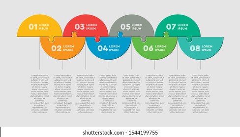 Eight pieces puzzle half circles diagram. Circles business presentation infographic. 8 steps, parts or pieces of process diagram. Section compare banner. Jigsaw puzzle info graphic. Marketing strategy.