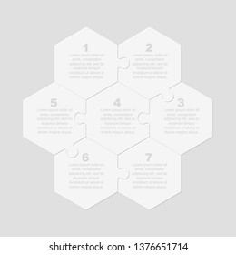 Eight pieces puzzle hexagonal diagram. Hexagon business presentation infographic.  Section compare banner. Jigsaw puzzle info graphic. Marketing strategy.