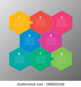 Eight pieces puzzle hexagonal diagram. Hexagon business presentation infographic. 8 steps, parts, pieces of process diagram. Section compare banner. Jigsaw puzzle info graphic. Marketing strategy.