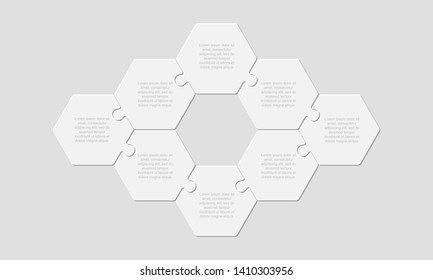 Eight pieces puzzle hexagonal diagram. Hexagon business presentation infographic. 8 steps, parts, pieces of process diagram. Section compare banner. Jigsaw puzzle info graphic. Marketing strategy.