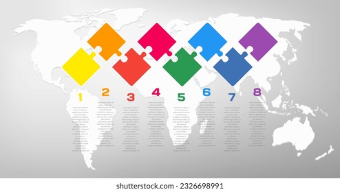 Eight pieces puzzle line infographic. Business, idea, flow concept. Template for 8 options, parts, processes. Jigsaw info graphic. Can be used for process, presentation, layout, banner, graph