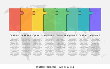 Ocho piezas infográficas de la línea de rompecabezas. Negocio, idea, concepto de flujo. Plantilla para 8 opciones, partes, procesos. Gráfico informativo de Jigsaw. Se puede utilizar para procesos, presentaciones, diseño, banner, grafo