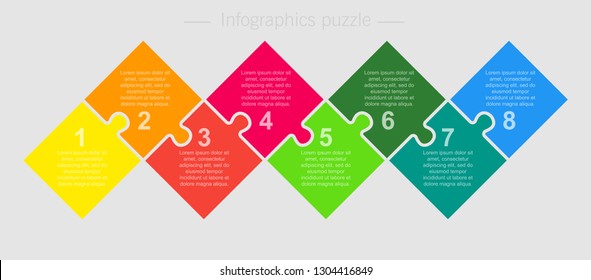 Eight pieces puzzle square diagram. Square business presentation infographic. 8 steps, parts, pieces of process diagram. Section compare banner. Jigsaw puzzle info graphic. Marketing strategy.