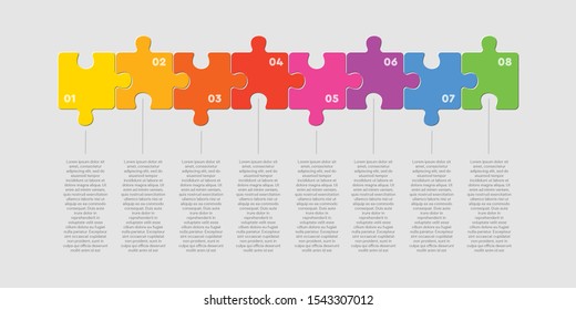 Eight pieces puzzle square diagram. Triangle line business presentation infographic. 8 steps, parts, pieces process diagram. Section compare banner. Jigsaw puzzle info graphic. Marketing strategy.