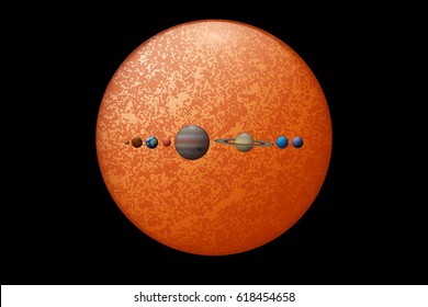 Eight planets and the sun 3d illustration. Solar system objects size comparison.