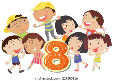 Eight playful kids on a white background 