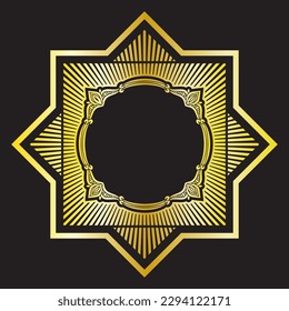 Eight point star with gold frame on border vector. Octagonal shape symbol with glitter, symmetry and shading, abstract geometric decorative isolated on black